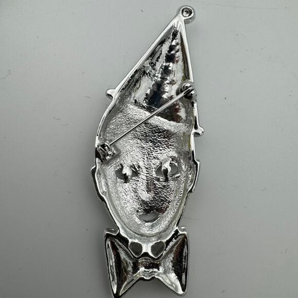Vintage 80s Sad Clown Face Brooch Pin Glitter Tear Harlequin Mime Hat - Picture 3 of 4